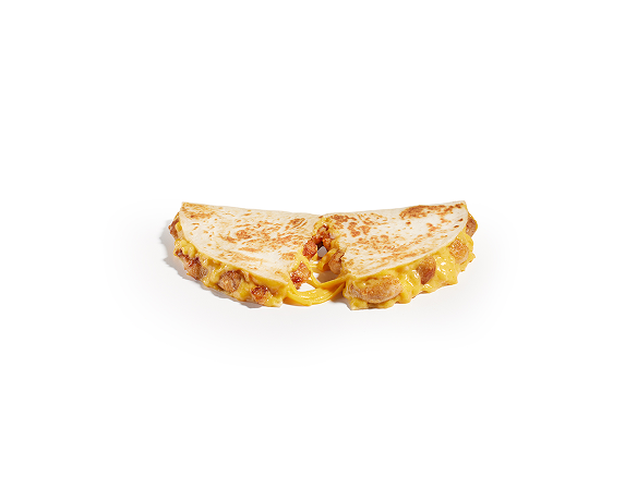 Cheesy folded quesadilla cut in half with melted cheese and filling visible, served on a white background.
