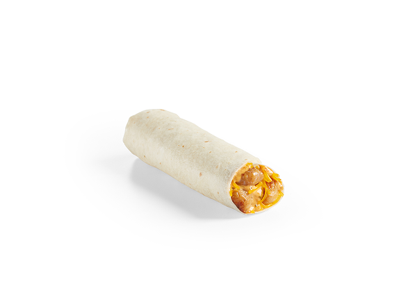 Wrapped burrito with melted cheese and seasoned filling visible at one end, served on a white background.