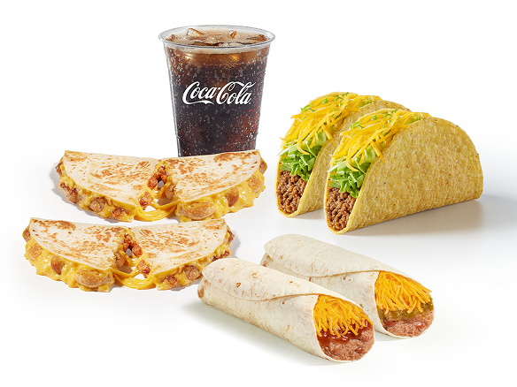 Meal combo with a soft taco, two rolled tacos, tortilla chips with dipping sauce, and a cup of iced Coca-Cola on a white background.